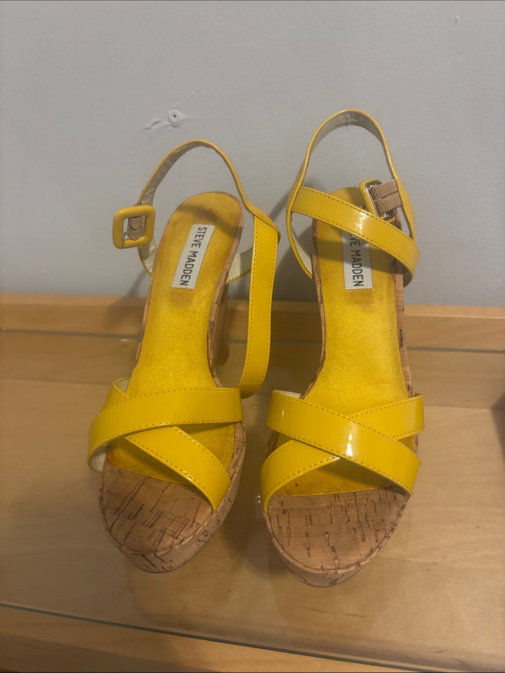 Steve Madden Yellow Patent Cork Wedge Sandals